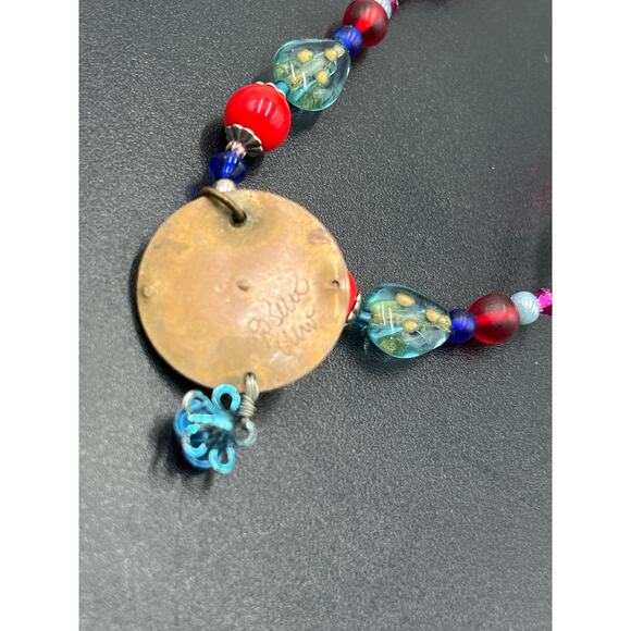 Designer Signed Artisan Evil Eye Multicolor Red Blue Glass Resin Necklace - Picture 8 of 8